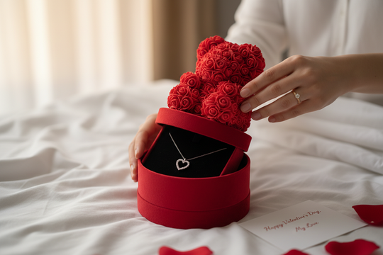 Eternal Rose Teddy Bear: Rotating Gift Box with Hidden Surprise Necklace