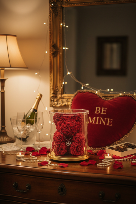 Eternal Rose Teddy Bear: Rotating Gift Box with Hidden Surprise Necklace