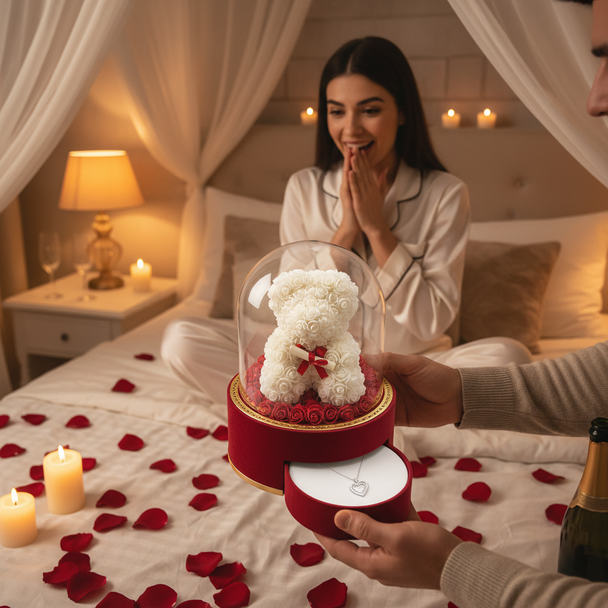 Eternal Rose Teddy Bear: Rotating Gift Box with Hidden Surprise Necklace