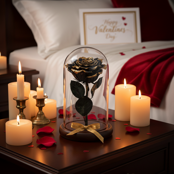 The Midnight Gold Collection: Premium Preserved Roses in a Handcrafted Dome